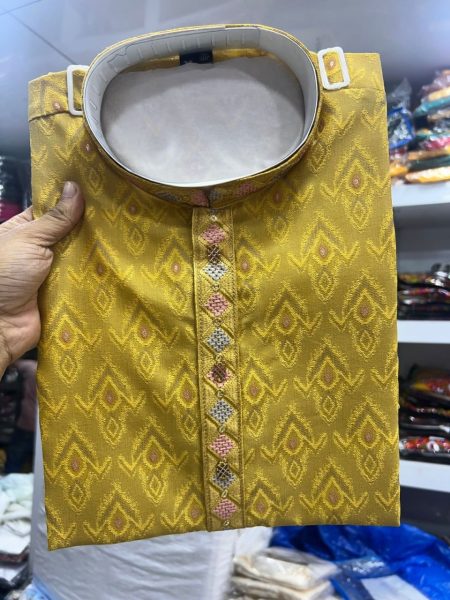 Yellow Jacquard Kurta Pyjama with Embroidery Patti and Fancy Button  Kurta Pajama Wholesale