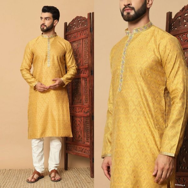 Yellow Jacquard Kurta Pyjama with Embroidery Patti and Fancy Button  Kurta Pajama Wholesale