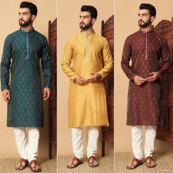 Yellow Jacquard Kurta Pyjama with Embroidery Patti and Fancy Button  Kurta Pajama Wholesale