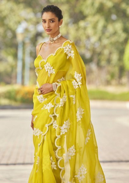 Yellow Jimmy Choo Sequin Saree Glam Look with Designer Cutwork Detailing JIMMY CHOO SAREE