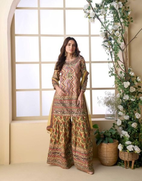 Yellow Multicolor Aari Embroidered Traditional Palazzo Suit  Designer Plazzo Salwar Suits Wholesale
