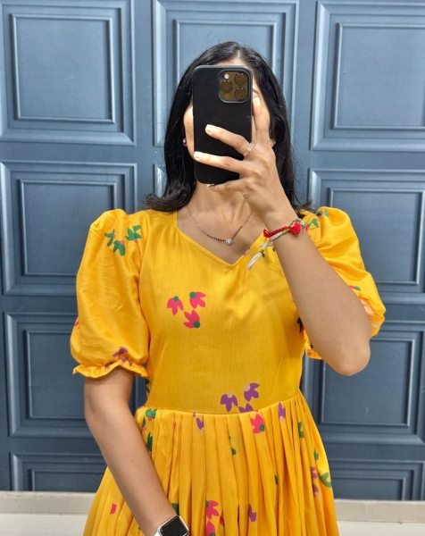 Yellow Muslin Cotton Printed Frock with Puff Sleeves Summer Special Collection Cotton Kurtis Wholesale