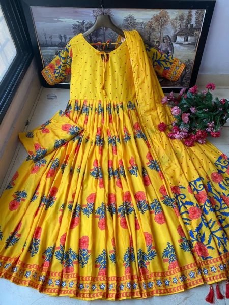 Yellow Muslin Cotton Printed Gown Pant   Dupatta Ready To Wear Collection