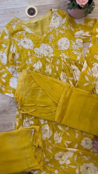 Yellow Muslin HandWork Kurti 3pc Set  3 Piece Kurti Set