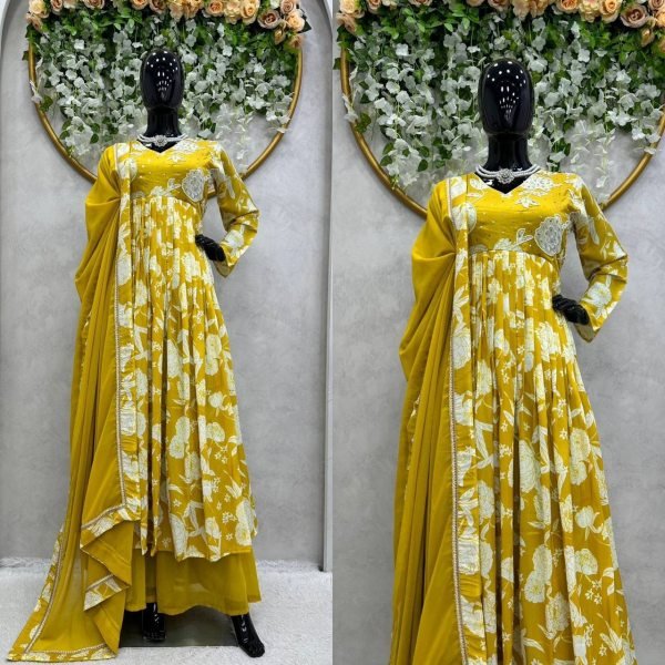 Yellow Muslin HandWork Kurti 3pc Set  3 Piece Kurti Set