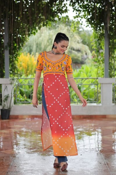 Yellow Orange Gamthi Embroidery Kurti In Rayon Wholesale Festival Wear Navratri Collection