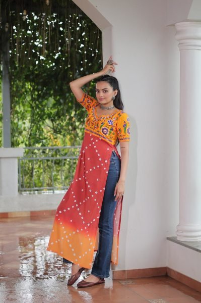 Yellow Orange Gamthi Embroidery Kurti In Rayon Wholesale Festival Wear Navratri Collection