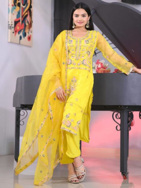 Yellow Organza Coding Embroidery Kurti Pant With Dupatta  Kurtis