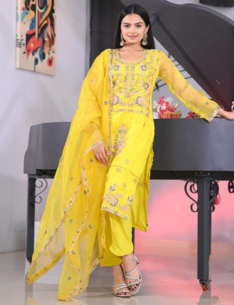 Yellow Organza Coding Embroidery Kurti Pant With Dupatta  3 Piece Kurti Set