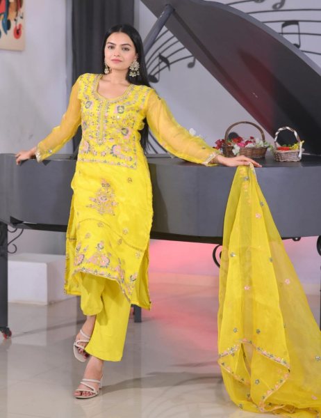 Yellow Organza Coding Embroidery Kurti Pant With Dupatta  3 Piece Kurti Set