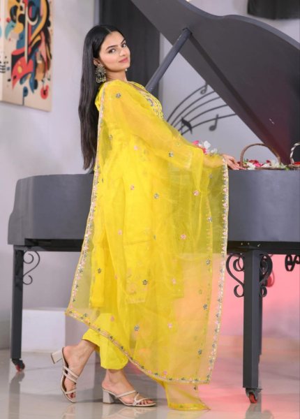 Yellow Organza Coding Embroidery Kurti Pant With Dupatta  3 Piece Kurti Set