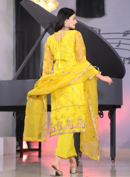 Yellow Organza Coding Embroidery Kurti Pant With Dupatta  3 Piece Kurti Set