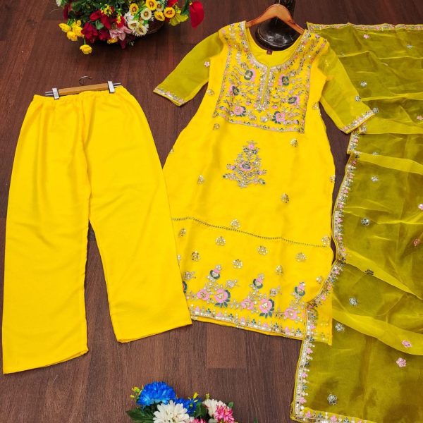 Yellow Organza Coding Embroidery Kurti Pant With Dupatta  3 Piece Kurti Set