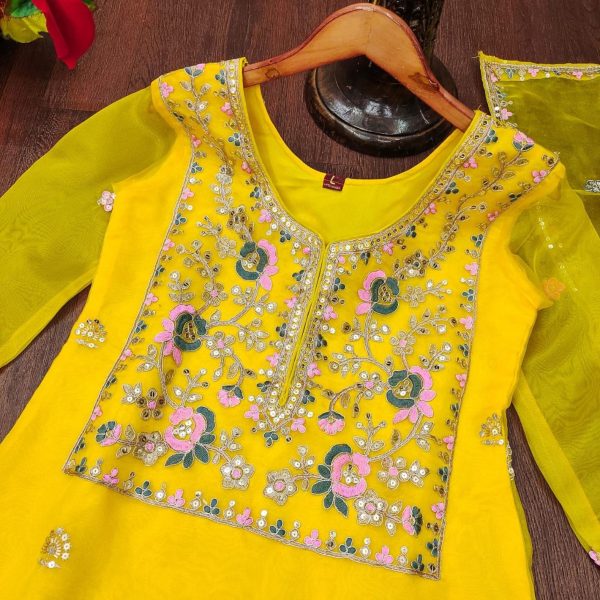 Yellow Organza Coding Embroidery Kurti Pant With Dupatta  3 Piece Kurti Set