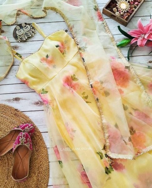 Yellow Organza Sleeveless Gown With Dupatta Kurti With Dupatta Wholesale