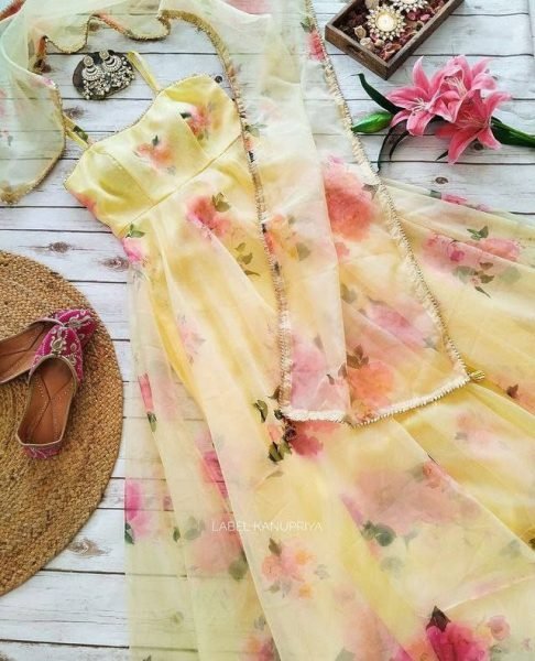 Yellow Organza Sleeveless Gown With Dupatta Kurti With Dupatta Wholesale