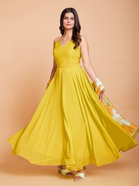 Yellow Plain Anarkali With Printed Duppta in Plus size Plus Size Kurti / Gown