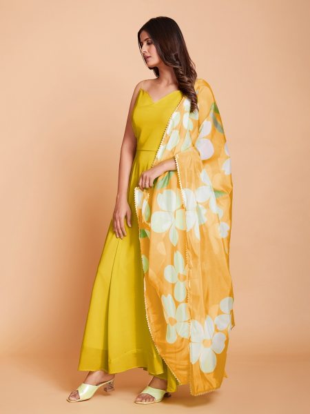 Yellow Plain Anarkali With Printed Duppta in Plus size Plus Size Kurti / Gown