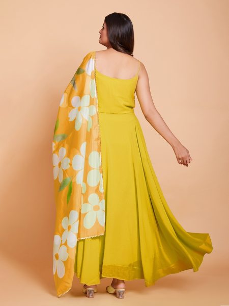 Yellow Plain Anarkali With Printed Duppta in Plus size Plus Size Kurti / Gown