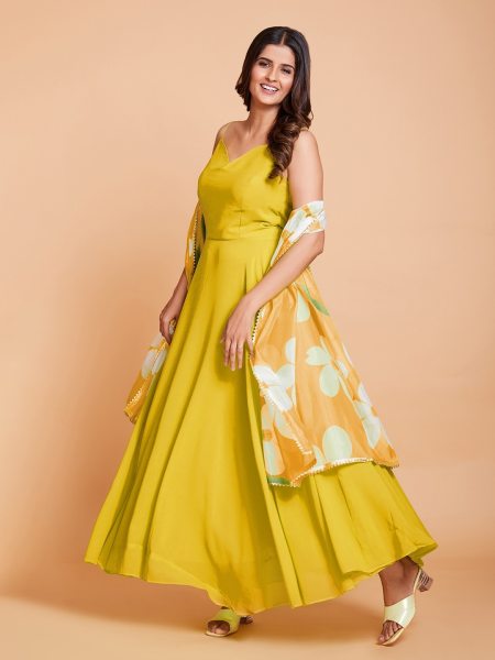 Yellow Plain Anarkali With Printed Duppta in Plus size Plus Size Kurti / Gown