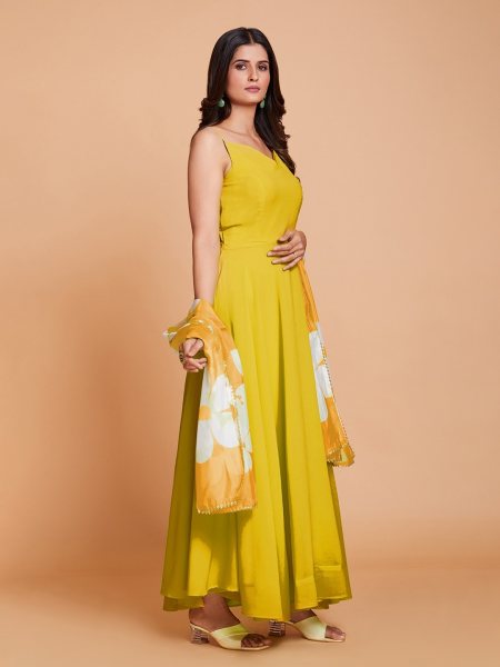 Yellow Plain Anarkali With Printed Duppta in Plus size Plus Size Kurti / Gown