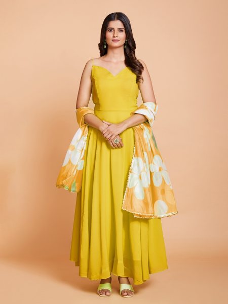 Yellow Plain Anarkali With Printed Duppta in Plus size Plus Size Kurti / Gown