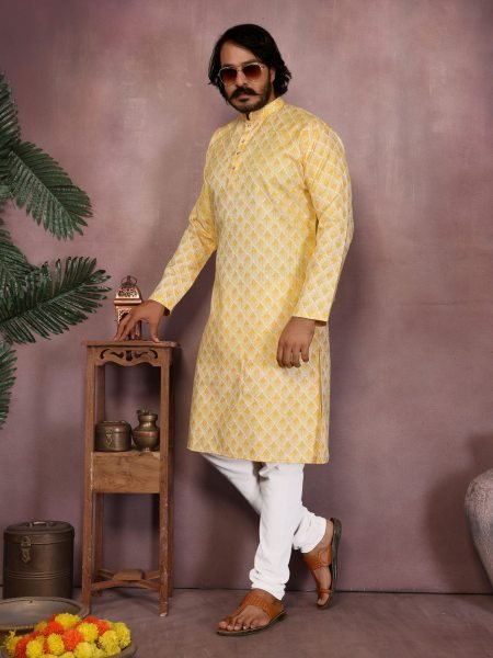 Yellow Premium Cotton Sequence Work Kurta Pyjama Haldi Special 