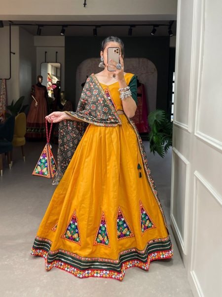 Yellow Pure Cotton Gamthi Work Lehenga Choli Navratri Lehnega Choli