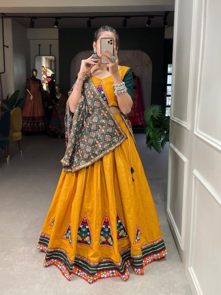 Yellow Pure Cotton Gamthi Work Lehenga Choli Navratri Lehnega Choli