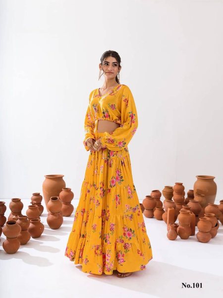 Yellow  ReadyMade Heavy Chinon Printed Lehenga Choli  Designer Lehenga Choli