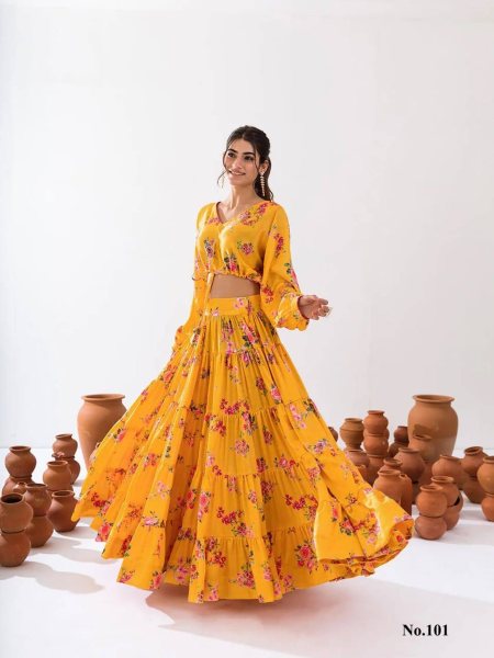 Yellow  ReadyMade Heavy Chinon Printed Lehenga Choli  Designer Lehenga Choli