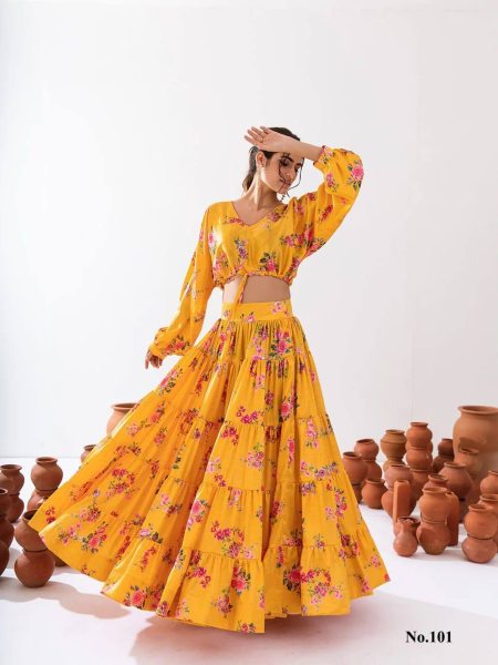 Yellow  ReadyMade Heavy Chinon Printed Lehenga Choli  Designer Lehenga Choli