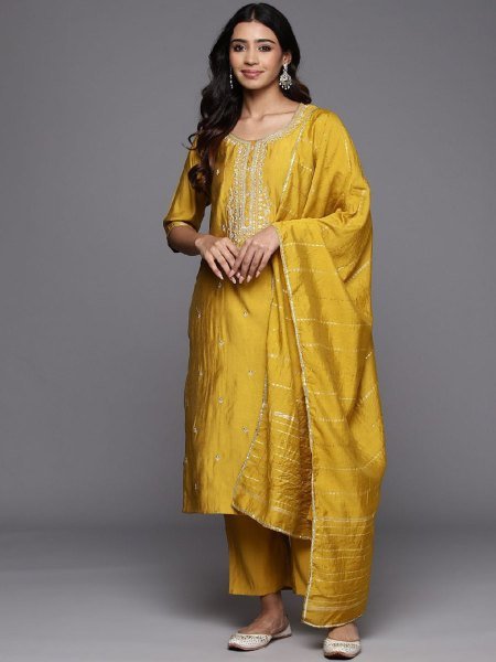 Yellow Silk Blend Straight Suit with Dupatta Embroidered   Woven Design Ready to Wear Suit 