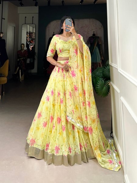 Yellow Silk Digitally Floral Printed Festive-Wear Lehenga choli 