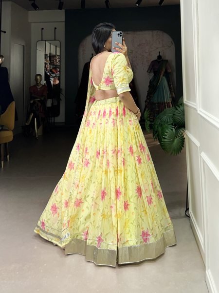 Yellow Silk Digitally Floral Printed Festive-Wear Lehenga choli Half Saree Lehenga