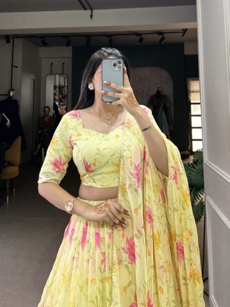 Yellow Silk Digitally Floral Printed Festive-Wear Lehenga choli Half Saree Lehenga