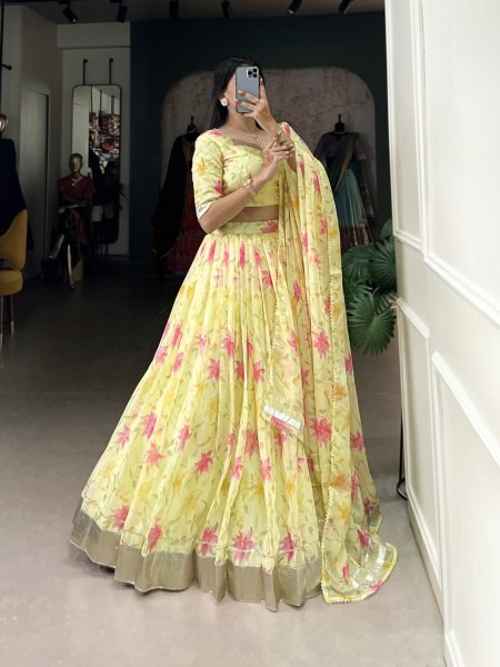 Yellow Silk Digitally Floral Printed Festive-Wear Lehenga choli Half Saree Lehenga