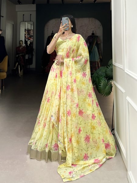 Yellow Silk Digitally Floral Printed Festive-Wear Lehenga choli Half Saree Lehenga