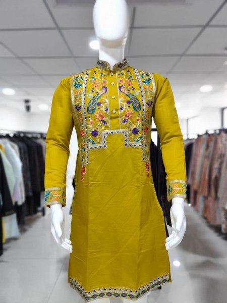 Yellow Silk Kurta Pajama with Rich Embroidery Ideal Haldi Function Outfit Mens Wear