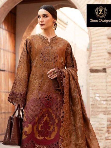 Ziaaz Designs Pakistani Cambric Cotton Embroidered Suit with Muslin Lawn Dupatta Pakistani Suits Wholesale