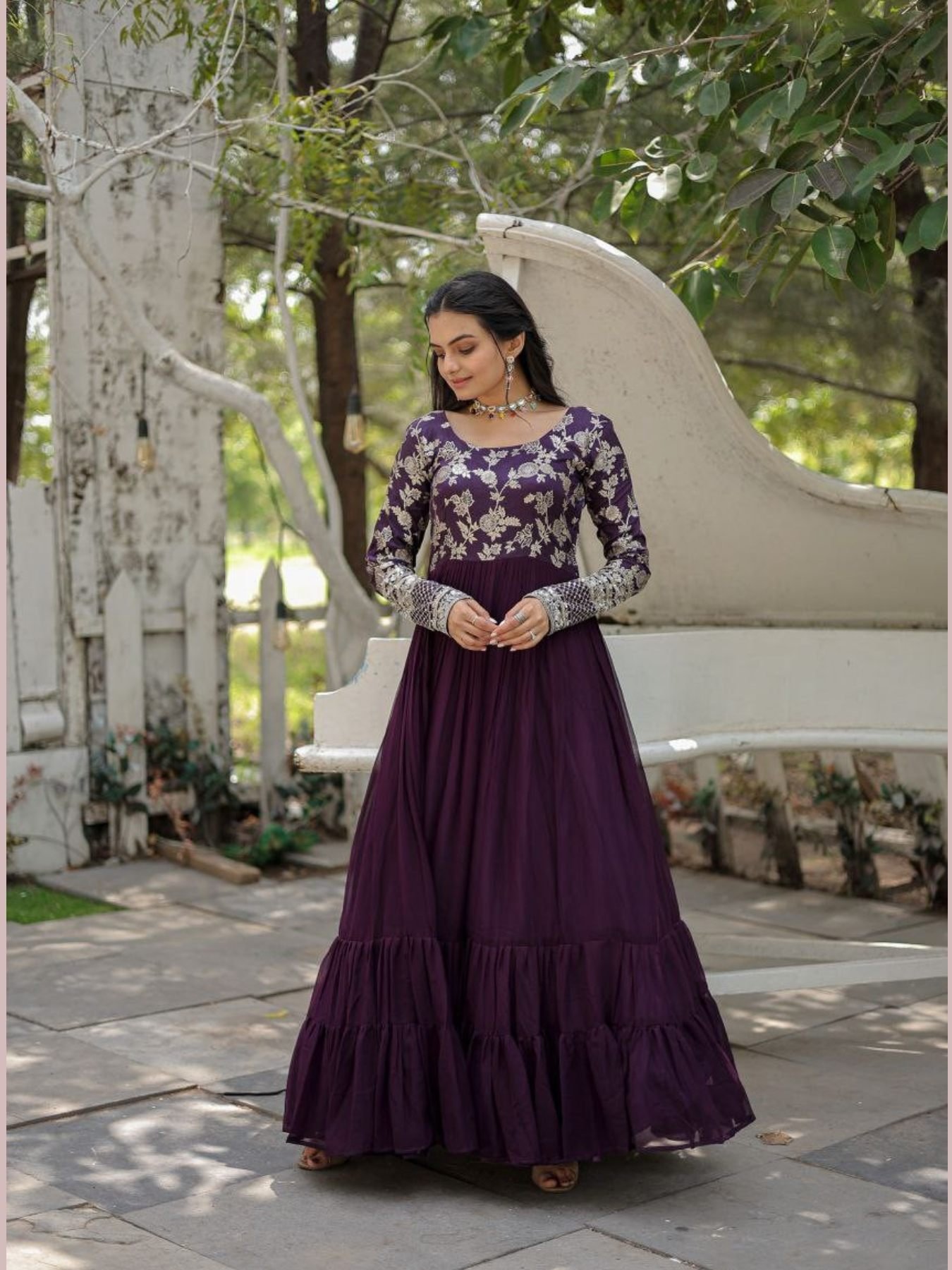 Buy Wine Color Faux Blooming Embroidery Work Long Gown at Rs. 12.65 online from Royal Export Anarkali Kurtis RE2218